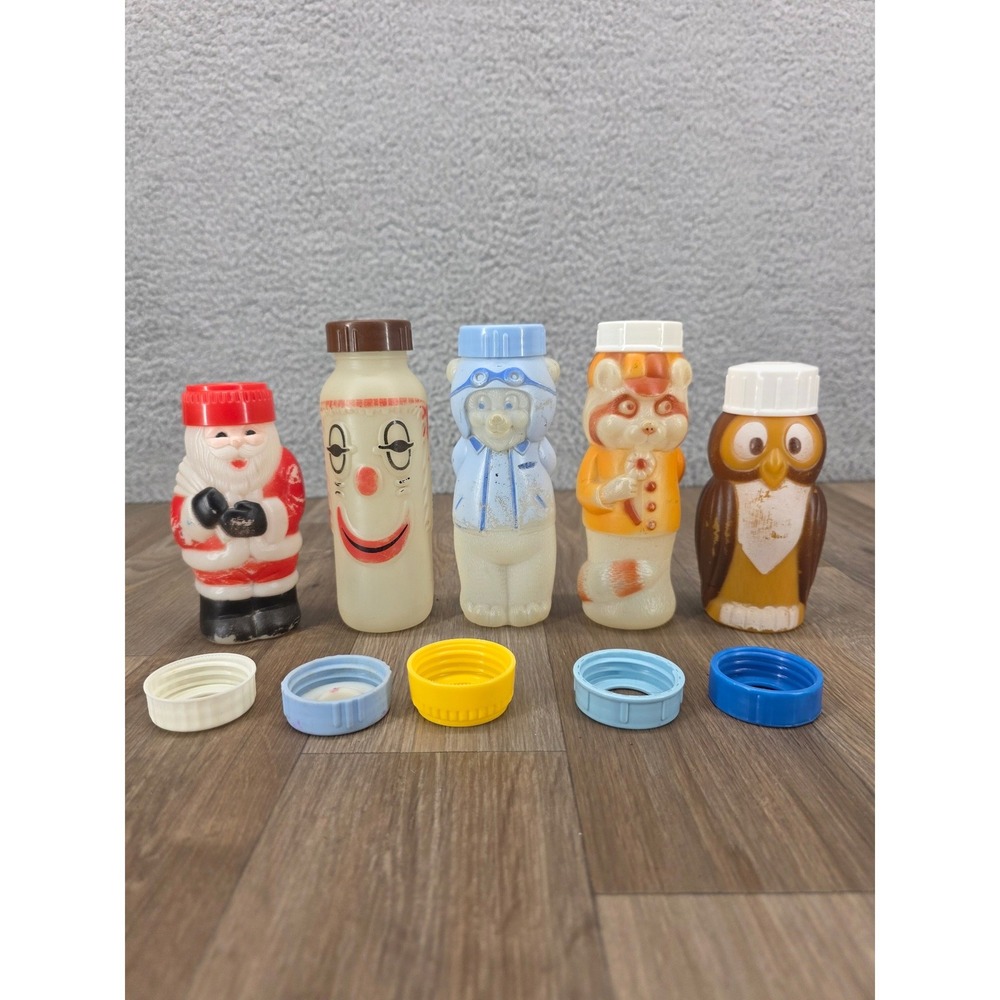 Vintage Evenflo Baby Bottles Santa Owl Bear Clown Plastic Display Craft USA